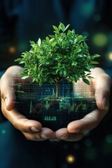 Hands cradle vibrant tree with digital stock overlay