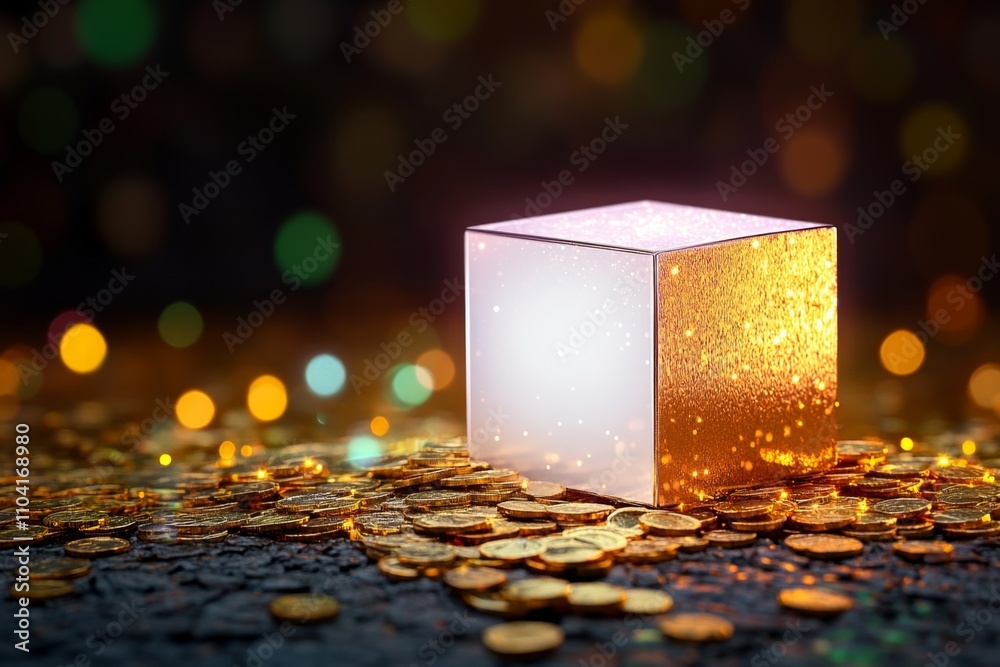 Poster a vibrant pixel art box with animated sparkles around it, set on a colorful pixelated background of 