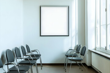 A minimalist waiting area with chairs and a blank frame on the wall.