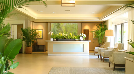 Fototapeta premium A serene hotel lobby with plants, seating, and a reception desk.