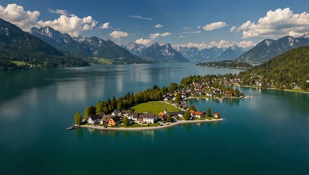 Aerial view of Saint Gilgen on Wolfgangsee Lake, Austria.
