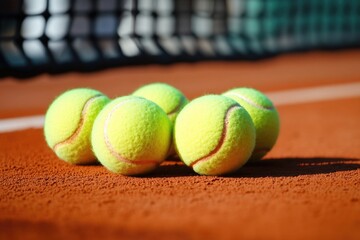 A collection of tennis balls resting on the surface of a tennis court, ready for play