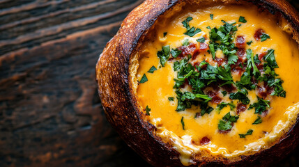 Delicious cheddar broccoli soup in a rustic bread bowl garnished with fresh parsley on wooden table