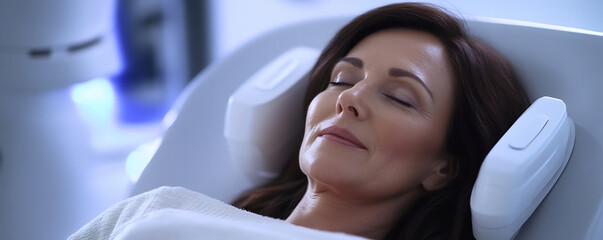 Fototapeta premium Serene and Resilient Woman Undergoing Luxurious Rejuvenation Therapy in a Longevity Clinic