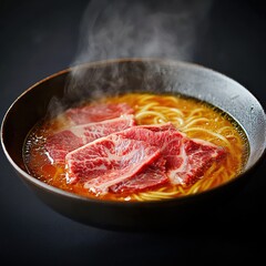 Fototapeta premium Savoring authentic wagyu ramen japanese cuisine food cozy restaurant setting close-up view culinary experience