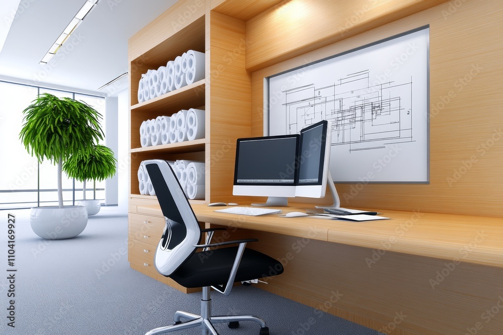 Poster A well-lit modern office with blueprint rolls neatly stacked on shelves and a computer displaying CAD designs