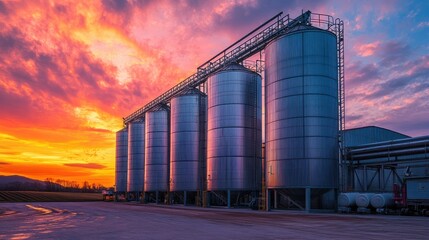 Obraz premium Silos stand against a vibrant sunset sky in a rural landscape