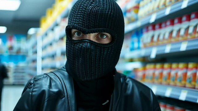 A person in a ski mask in a grocery store aisle symbolizes theft and crime prevention
