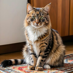 Obraz premium Colorful house cat with spotted fur sitting on a rug looking to the side