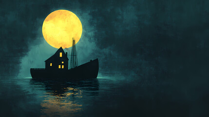 A symbolic representation of a ship under the moonlight, with an emotional focus on the impact of the transatlantic slave trade. Symbolic. Illustration