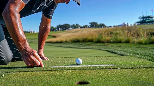 This golfer closely analyzes the putting line before making a crucial shot on the green.