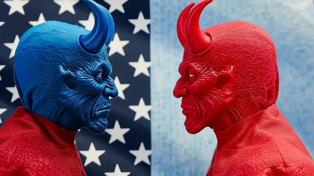 Two horned figures face off with an American flag backdrop, symbolizing political rivalry and elections