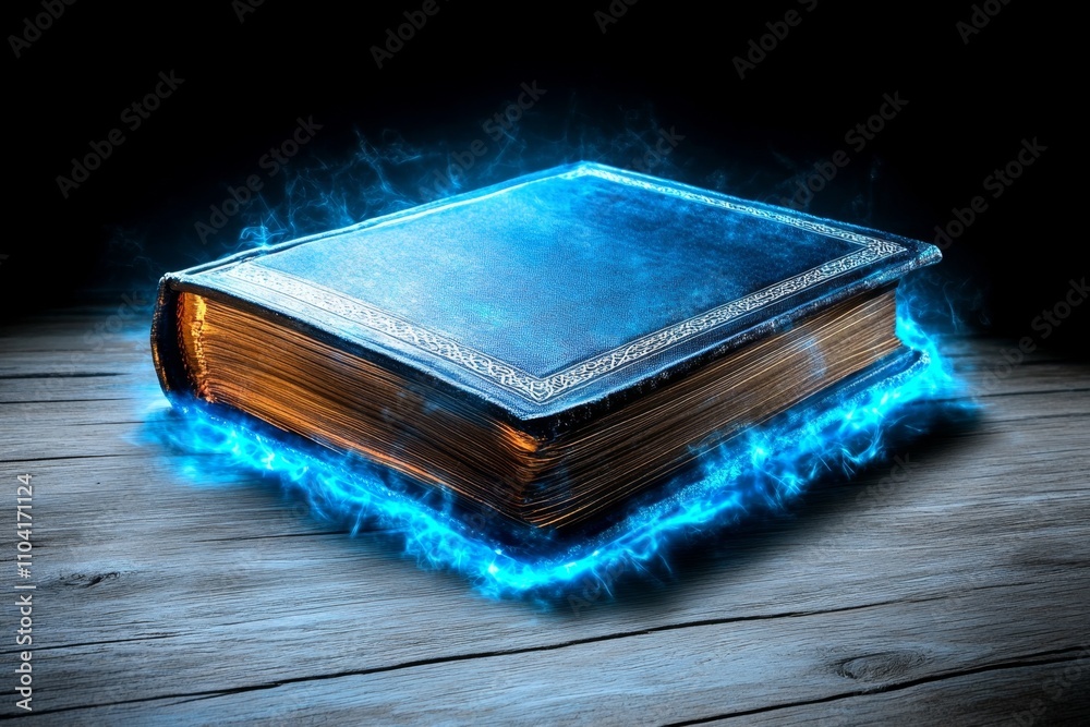 Poster an enchanted old book glowing with magical light, its pages flipping on their own and faint runes ap