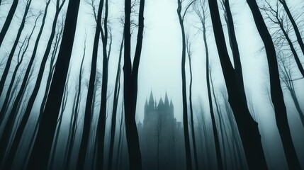 Obraz premium Mysterious foggy forest with silhouette of a castle surrounded by tall, leafless trees creating an eerie atmosphere