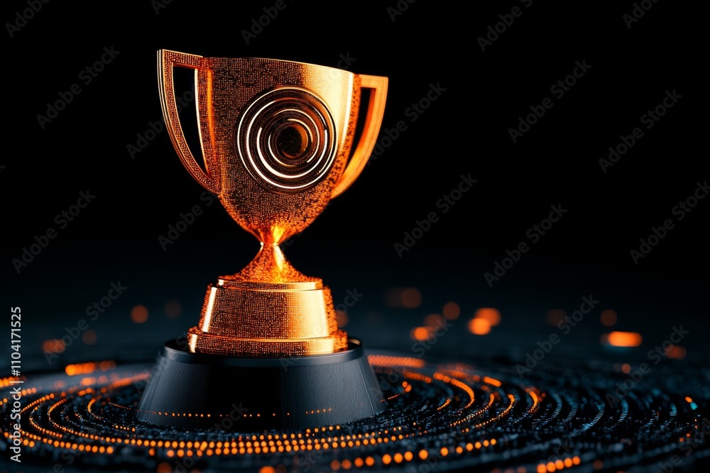 Poster business accomplishment visualization with a golden trophy and target icon, surrounded by dynamic te