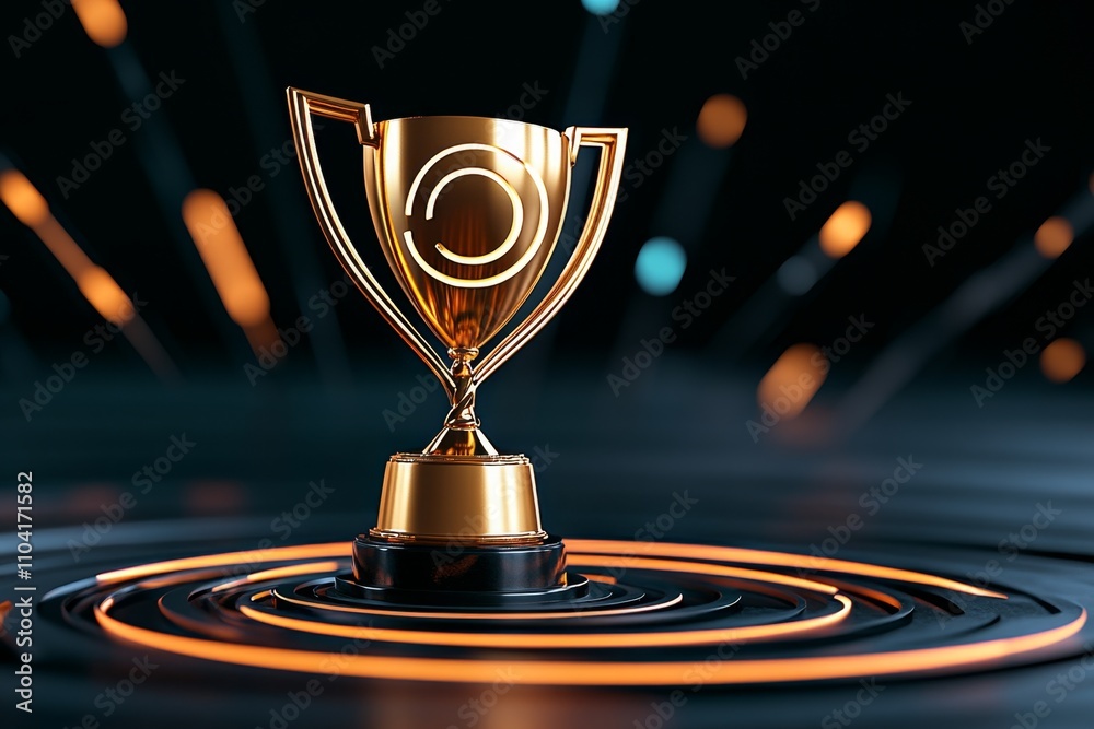 Poster business accomplishment visualization with a golden trophy and target icon, surrounded by dynamic te