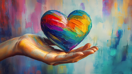 A symbolic representation of support and love, as a hand extends to cradle a heart adorned with the vibrant colors of the rainbow, embodying pride. Symbolic. Illustration