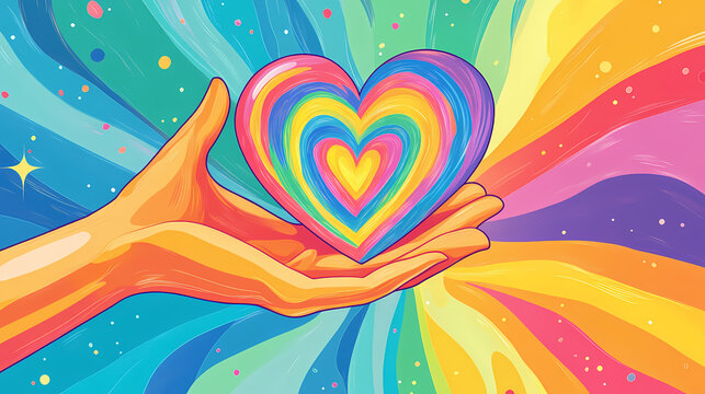 A symbolic representation of support and love, as a hand extends to cradle a heart adorned with the vibrant colors of the rainbow, embodying pride. Symbolic. Illustration