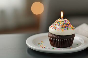 Colorful decorated birthday cupcake with a glowing candle