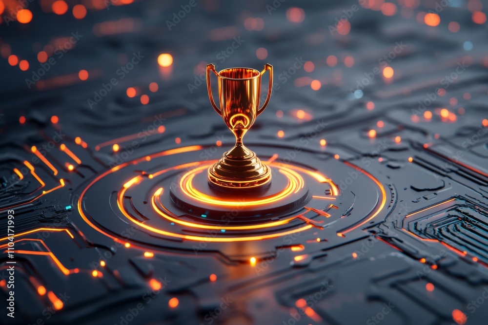 Aufkleber Futuristic goals visualization with a target and trophy surrounded by pulsating lines and digital patterns, symbolizing business accomplishment