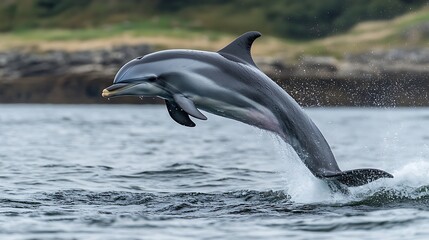 Obraz premium A dolphin leaps out of the water, showcasing its agility and grace in a natural setting.