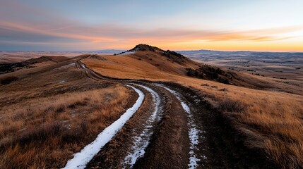 A winding dirt path leads through golden grasslands at sunset.