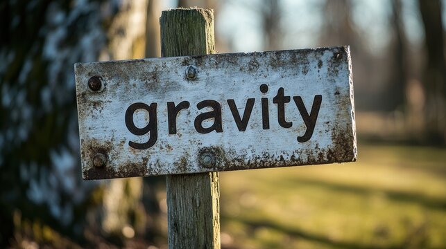 A rustic wooden sign with the word "gravity" is weathered and set against a blurred natural backdrop, offering a compelling blend of simplicity and curiosity.