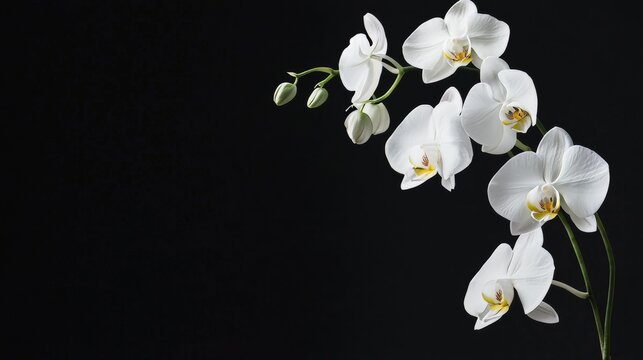 Fototapeta A minimalist composition of white orchids against a stark black background, side angle shot, Modern style