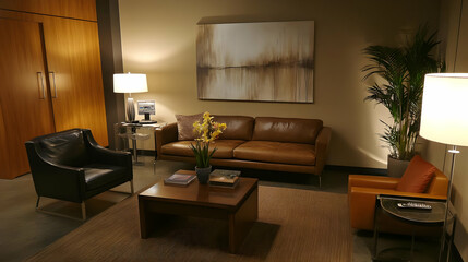 A modern lounge area featuring a sofa, chairs, table, and decorative plants.