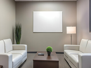 Modern office waiting area with minimalist design and comfortable seating.