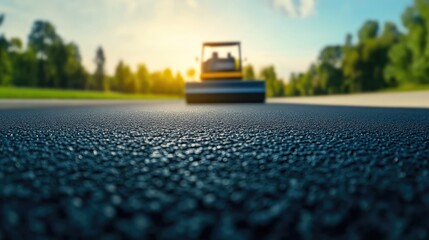 Freshly laid asphalt being compacted by industrial roller