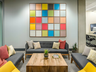 A modern lounge area with colorful wall art, cozy seating, and a wooden coffee table.