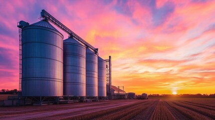 Obraz premium Colorful sunset over silos in a rural landscape with clouds and field