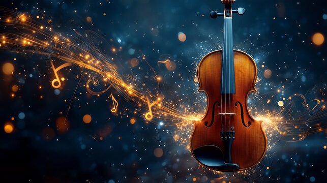 An upright violin amidst swirling animated musical notes