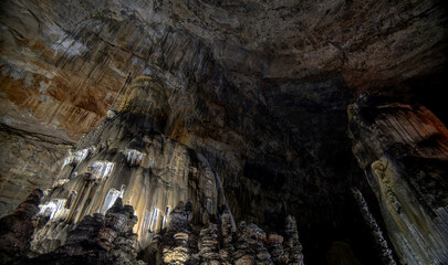 Stunning rock formations illuminated in Cacahuamilpa Caves National Park at sunset