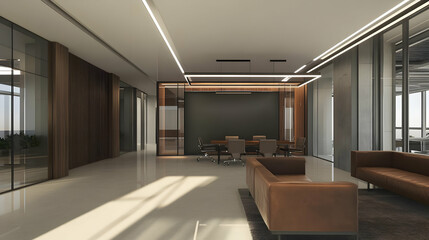 Modern office interior with a meeting area and sleek design.