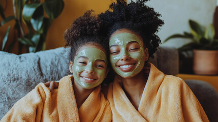 A relaxing spa day for a black mother and her teenage daughter filled with joy and pampering in a cozy setting. Generative AI