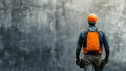Fototapeta premium Construction worker commuting to job site with tools in worn clothing during early morning in a city environment. Generative AI