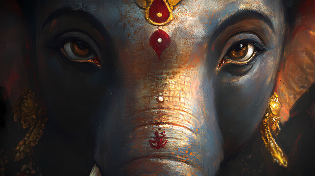 A close-up of ganeshas face, with a soft divine light reflecting on his peaceful expression, focusing on his eyes and symbolic markings. Symbolic. Illustration