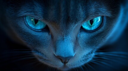 Close up portrait of a black cat with piercing green eyes illuminated by soft blue