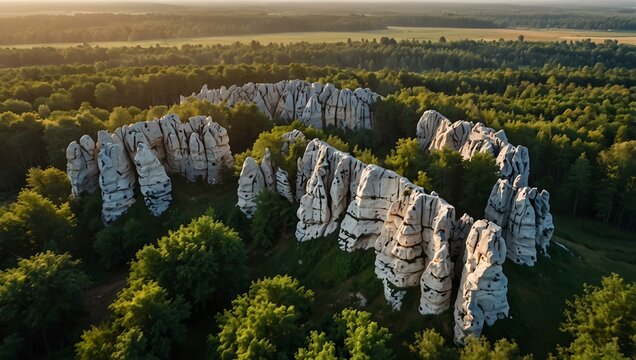 Aerial view of Zborow Hill in Poland with limestone rock formations.