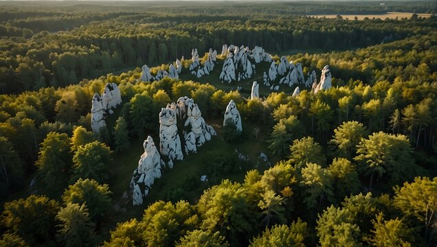 Aerial view of Zborow Hill in Poland with limestone rock formations.