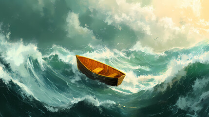 A lone boat navigating turbulent seas under stormy skies symbolic of life is challenges and resilience adventurous metaphorical journey of courage and survival. Symbolic. Illustration