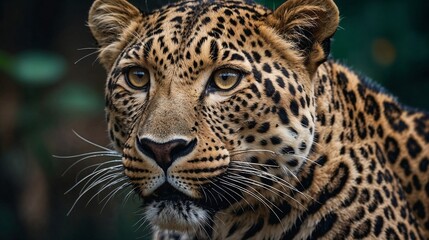 Fototapeta premium Leopard portrait with fierce expression against a blurred jungle background 