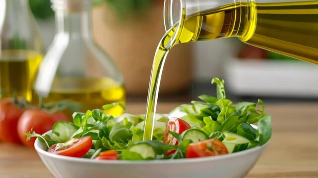 Fresh olive oil drizzling over a vibrant salad of greens and tomatoes, signifying healthy eating and Mediterranean cuisine