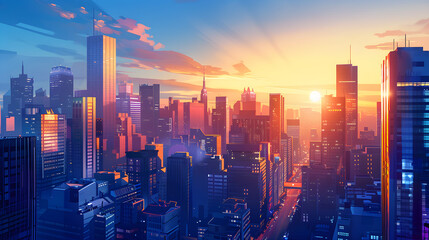 Fototapeta premium Dynamic Early Morning Cityscape with Sunlit Skyscrapers and Bustling Streets