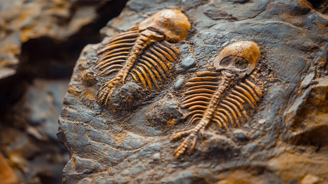 Close up of sedimentary rock layers with fossil impressions of trilobites, showcasing intricate details and textures. ancient fossils are embedded in rock, highlighting geological history