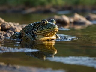 African bullfrogs mating in a shallow river.