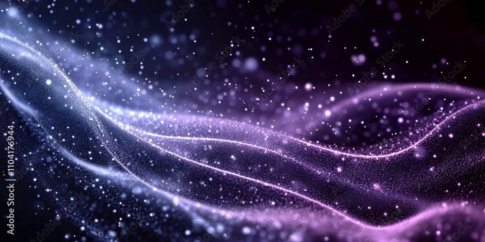 Wall mural flowing purple light waves with sparkling particles on a dark background