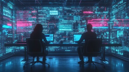 A futuristic workspace with two programmers seated at a shared desk, holographic displays projecting code and data, sleek tech-themed decor, neon blue and green lighting, focused expressions,